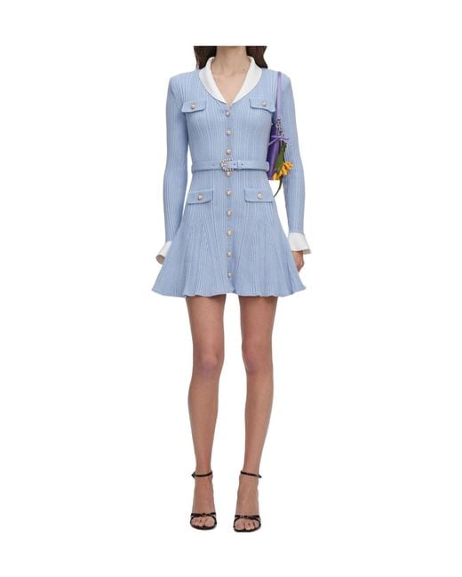 Self-Portrait Blue Ribbed Knit Mini Dress