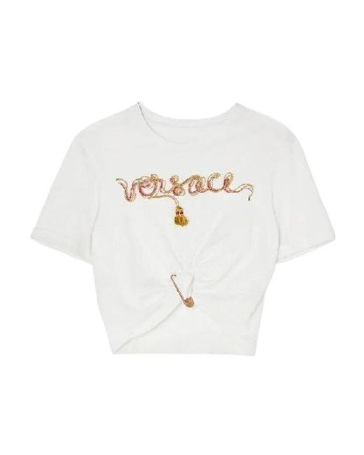Versace White Logo Embellished Safty-Pin T-Shirt