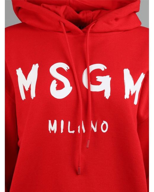 MSGM Red Logo-Print Cotton Hoodie