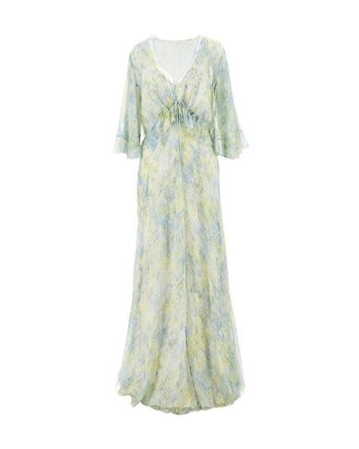 Alberta Ferretti Green Floral Printed V-Neck Dress