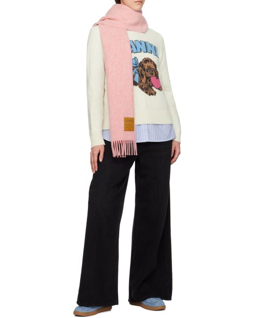 Ganni Pink Logo Patch Fringed Edge Scarf