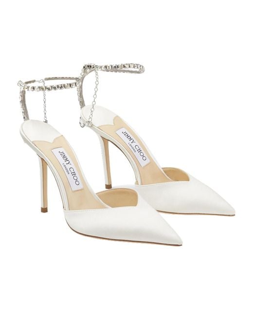 Jimmy Choo White Ivory Satin Pumps With Crystal Embellishment