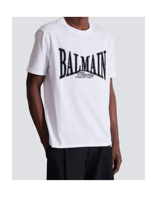 Balmain White Short-Sleeved T-Shirt With Flocked College Print for men