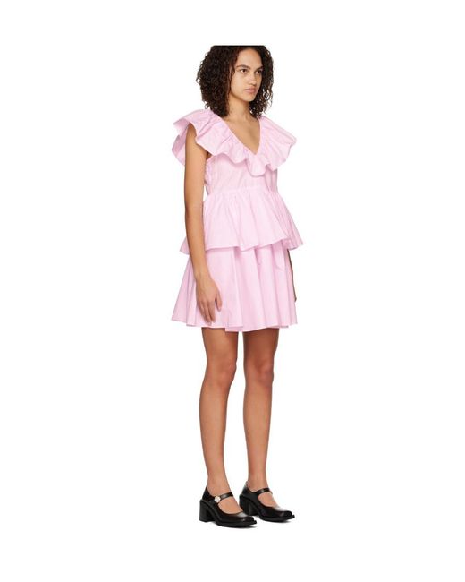 Ganni Pink A V-Collar Dress With Lotus Leaf Edge
