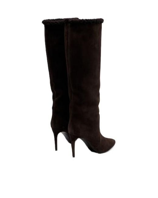 Paris Texas Black Shearling-Trimmed Suede Knee-High Boots