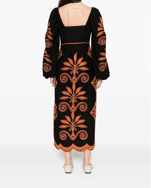 Farm Rio Black Cornely Ainika Long-Sleeve Midi Dress