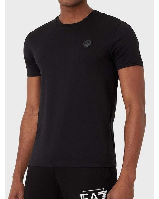 EA7 Black Logo-Patch Cotton T-Shirt for men