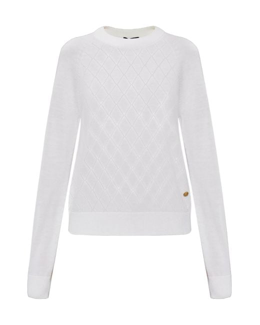 Balmain White Diamond-Knit Crew Neck Sweater
