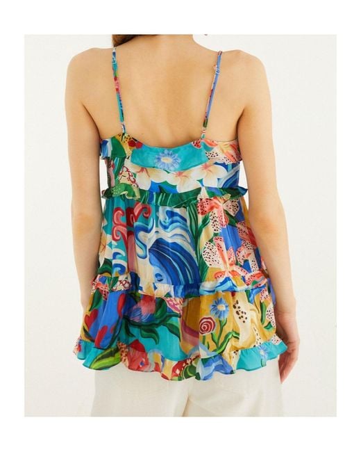 Farm Rio Blue Ruffled Floral-Print Top