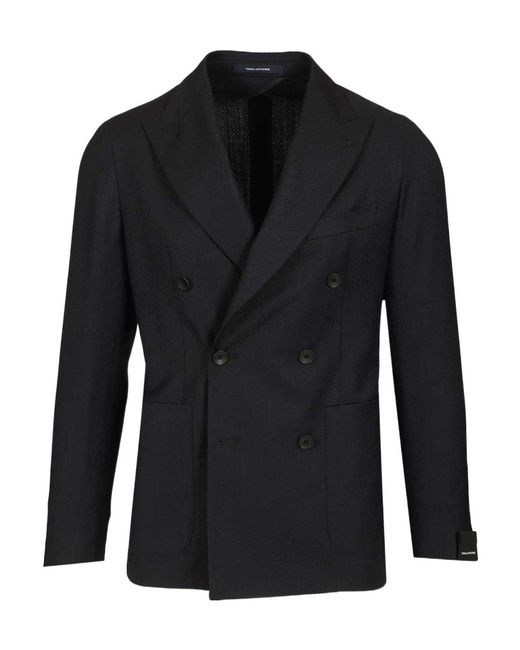 Tagliatore Black Double-Breasted Herringbone Blazer for men
