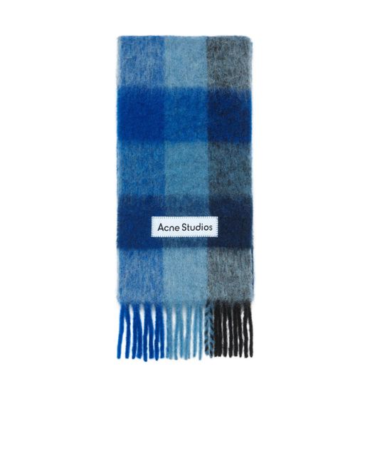 Acne Blue Checked Fringed-Edge Scarf for men