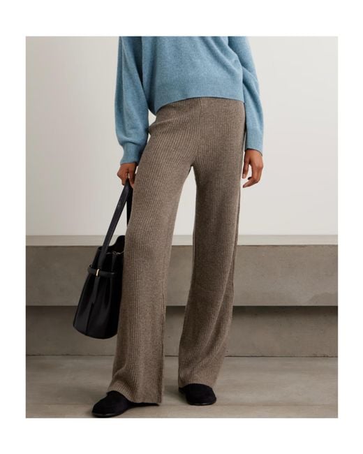 LeKasha Brown Banvir Ribbed Organic Cashmere Wide-Leg Pants