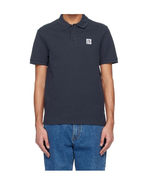 Balmain Blue Logo Embroidered Short-Sleeve Polo Shirt for men