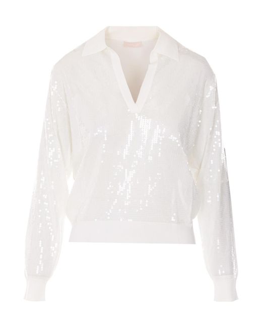 Liu Jo White Sequined V-Neck Knitted Sweater