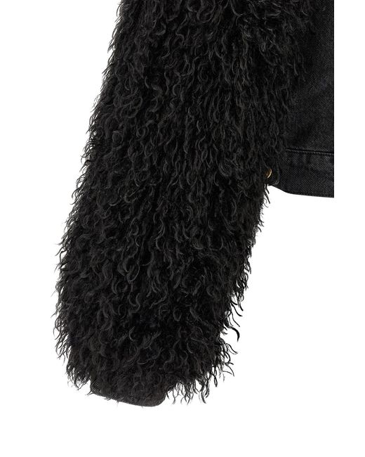 Twinset Black Denim Jacket With Shearling Sleeve Trim
