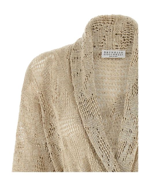 Brunello Cucinelli Natural Crochet Belted Cardigan