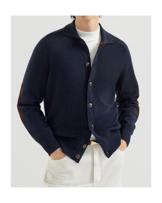 Brunello Cucinelli Blue Cashmere Cardigan With Shirt-Style Collar And Buttons for men