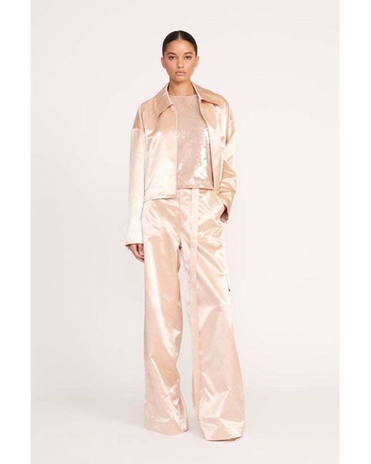 Staud Natural Belted Satin-Finish Palazzo Pants