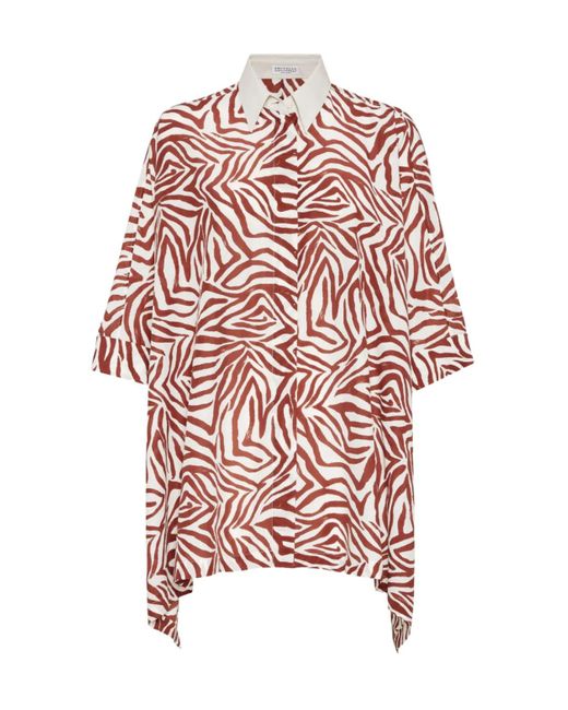 Brunello Cucinelli Red Cotton-Silk Printed Shirt