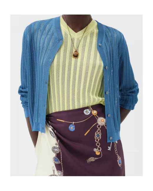Versace Blue Viscose Mesh Ribbed Knit Cardigan