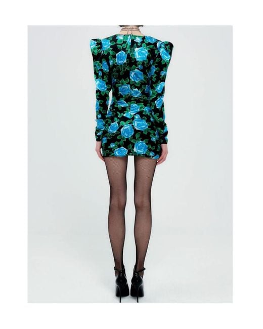 Alessandra Rich Blue Rose Printed Satin Draped Mini Dress