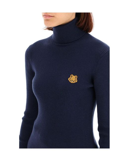 KENZO Blue Tiger-Embroidered Turtleneck Jumper