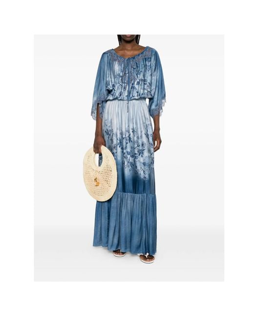 ERMANNO FIRENZE Blue Floral Print Long Dress