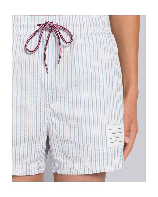 Thom Browne White Stripe-Print Swim Shorts for men