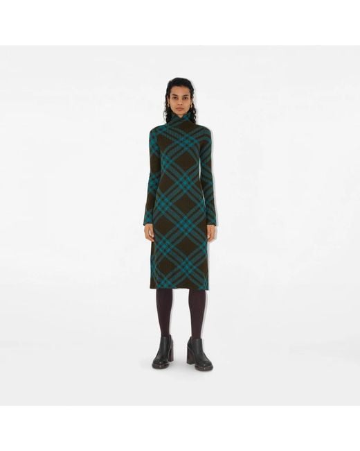 Burberry Green Checkered Mock-Neck Shift Dress