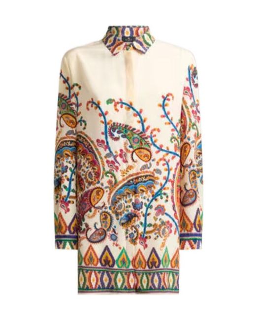 Etro White Long Silk Shirt With Placed Floral Paisley Print
