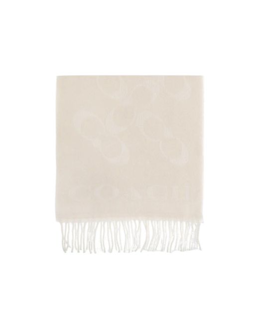 COACH White Fringed Logo Scarf