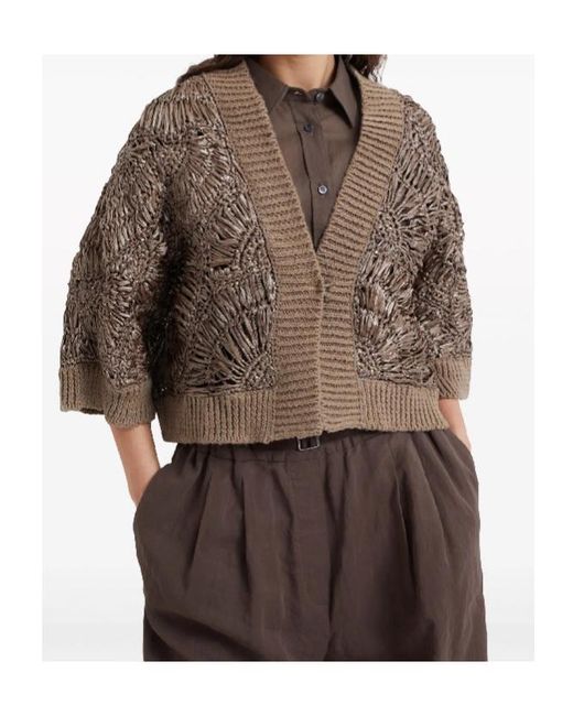 Brunello Cucinelli Brown Sequin-Embellished Knitted Cardigan