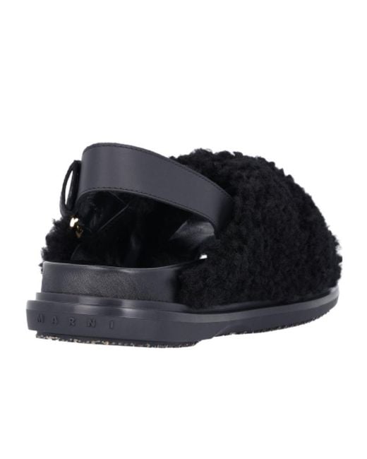 Marni Black Buckle Detailed Fluffy Sandals