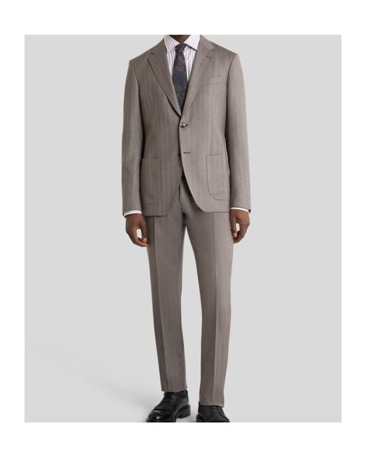 Etro Gray Single-Breasted Wool Suit With Chevron Stripes for men