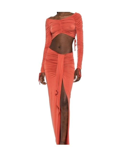 Balmain Red Ruched Long-Sleeve Crop Top