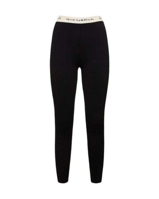 Sporty & Rich Black Serif Logo High Waist Ribbed Leggings