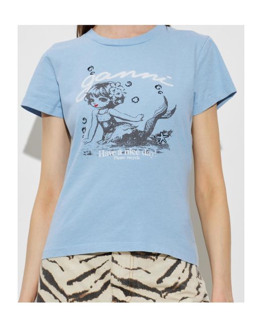 Ganni Blue Logo Printed Crewneck T-Shirt