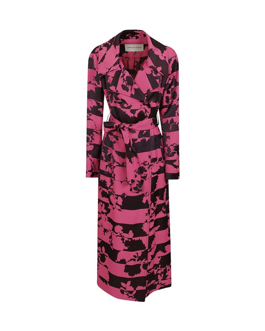 Dries Van Noten Red Floral Motif Trench Coat Waist Belt