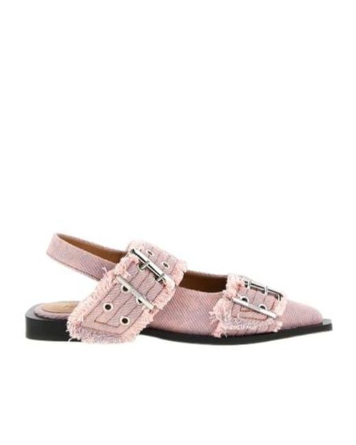 Ganni Pink Fringed Buckle Flat Mules