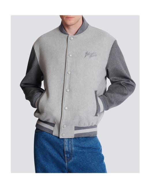 Balmain Gray Logo Embroidered Varsity Jacket for men