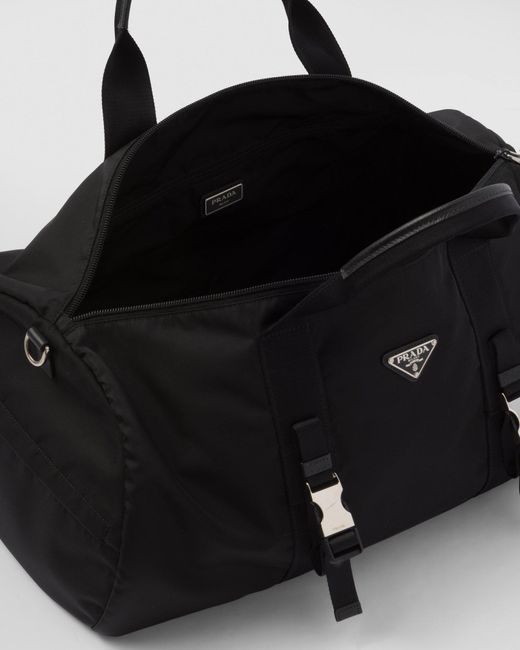 Prada Black Logo Plaque Zip-Up Duffle Bag for men
