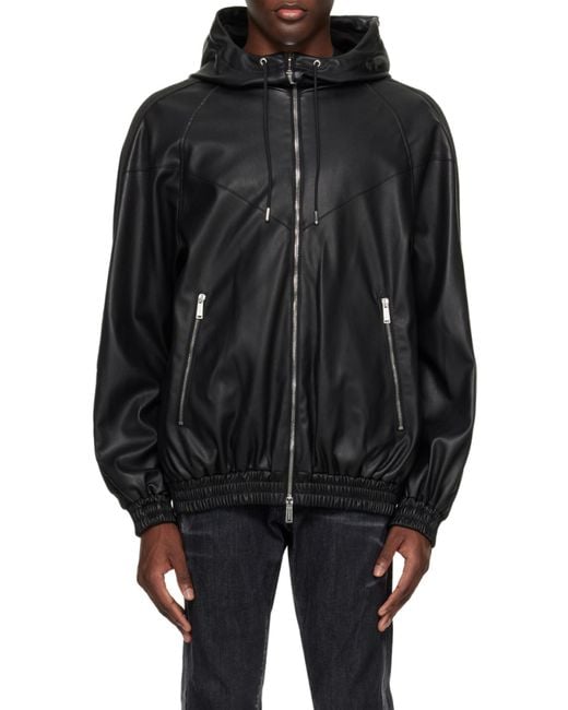 DSquared² Black Hooded Leather Jacket for men