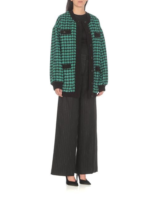 MSGM Green Houndstooth-Pattern Tweed Cardi-Coat