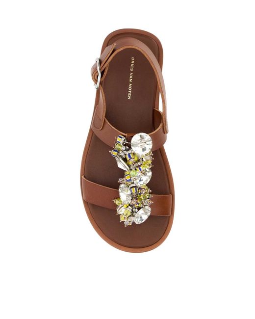 Dries Van Noten Brown Embellished Strap Flat Sandals