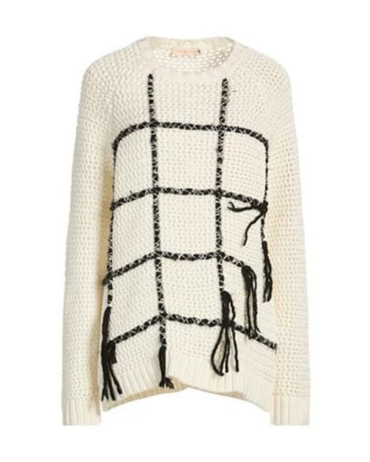 Tory Burch Natural Two-Tone Thick Knit Long Sleeve Top