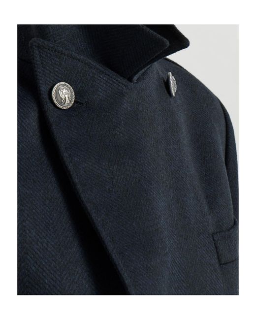 Brunello Cucinelli Blue Cashmere Chevron Flannel One-And-A Half Breasted Coat With Peak Lapels And Metal Buttons for men