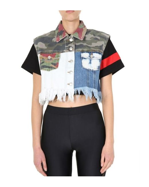 Gcds Blue Patchwork Cropped Denim Vest