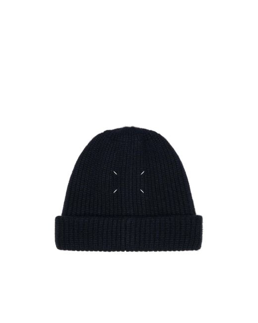 Maison Margiela Blue Logo Detailed Ribbed Beanie for men
