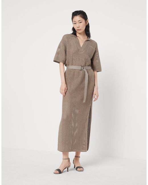 Brunello Cucinelli Natural Crochet-Knitted Belted Midi Dress