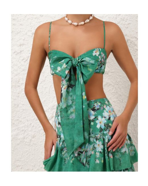 Zimmermann Green Everley Bow Floral-Pattern Linen Bralette